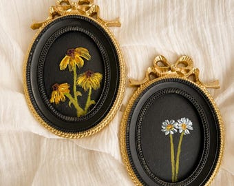 Original Mini Floral Oil Paintings Set of 2 | Oval Framed Wall Art | Yellow Coneflower & White Daisy Artwork |