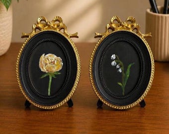 Set mini-bloemenolieverfschilderijen, ingelijst, vintage cottage-muurkunst