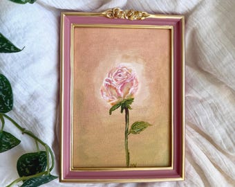 Origineel zachtroze olieverfschilderij, bloemenbotanische handgeschilderde kunst, vintage lijst 5 x 7