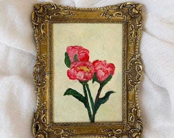 Oryginalny obraz olejny „Peonie”, ręcznie malowany obraz roślinno-botaniczny, rama w stylu vintage