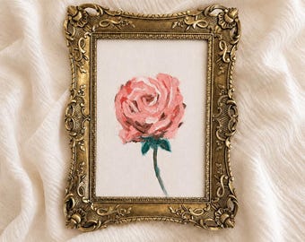 Origineel roze roos-olieverfschilderij in vintage sierlijke gouden lijst, romantisch Cottagecore-decor