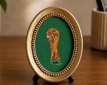 Original FIFA World Cup Trophy Oil Painting, Miniature Soccer Art, Oval Framed Decor