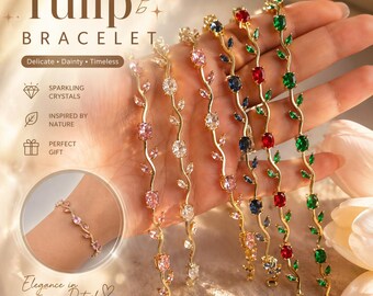Pulsera Tulipán de Oro con Cristal: Joyería delicada, minimalista y colorida con piedras preciosas.