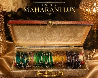 Conjunto de brazaletes nupciales personalizados con caja Maharani Lux / 85 brazaletes de vidrio y cachemir / Regalo de boda para la novia / Conjunto de joyería india