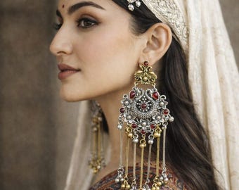 Pendientes Jhumka hechos a mano de Cachemira, joyería colgante de plata oxidada con piedra roja