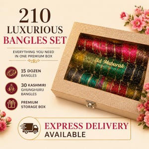 Pode incluir: Um conjunto de 210 pulseiras numa caixa de armazenamento dourada com tampa transparente. As pulseiras estão dispostas em filas nas cores vermelho, verde e preto com detalhes metálicos. O texto na caixa diz 210 LUXURIOUS BANGLES SET e Eid Mubarak.