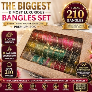 May include: A luxurious bangle set in a premium box. The set includes 210 bangles in various colors, including red, green, and gold. The box features text that reads "Eid Mubarak". Perfect for weddings, bridal events, festivals, and gifting.