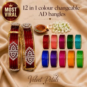 May include: A set of 12-in-1 colour changeable AD bangles featuring two large red bangles with ornate crystal-encrusted metal accents and ten additional solid-coloured bangles in red, pink, magenta, green, teal, blue, purple, orange, and lime.