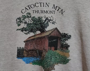 80s Vintage Barn House Catoctin Mountain Thurmont Maryland Ringer T-Shirt Light Brown