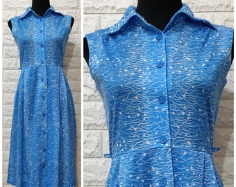 Vintage Dress, 80's Japanese Vintage Dress, Vtg Sleeveless Polka Dress, Blue and White Vintage Collared Button Down Dress, Semi Sheer