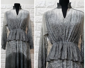 Vintage Sheer Dress, 70's Vintage Long Sleeve Peplum Dress with Ruffled Neck and Cuffs