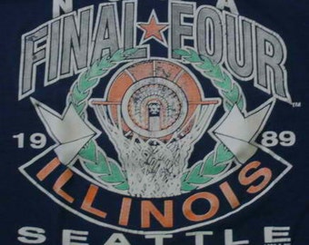 Vintage 89 NCAA Basketball Final Four ILLINOIS SEATTLE Dark Blue T shirt