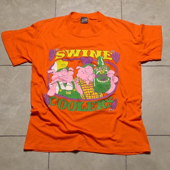 ヴィンテージ 86 SWINE COOLERS オレンジシャツ、豚シャツ、面白い豚T 
