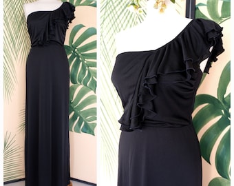 Vintage Roberta California Ruffled One Shoulder Full Length Black Evening Dress