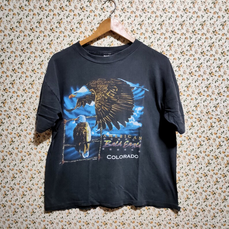 90's Vintage 1997 American Bald Eagle Colorado Faded Black T-shirt image 2