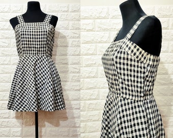 Andrew McMullan 80s Vintage Black & White Checkered Mini Dress, Check Women's Rockabilly Pinup Dress Sleeveless