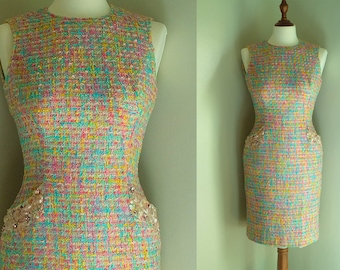 Candy Color 80s Vintage Jean-Louis Scherrer Mini Dress, Large Weaves Twill Dress with Sequins and Faux Gems, Sleeveless