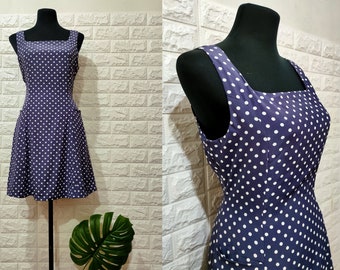 90s Vintage Polka Dots Mini Dress, Navy Blue White Polka Women's Dress Sleeveless