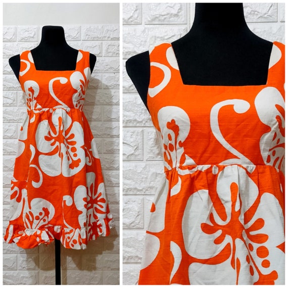 Vintage Hawaiian Mini Dress, 70's Vintage Orange H