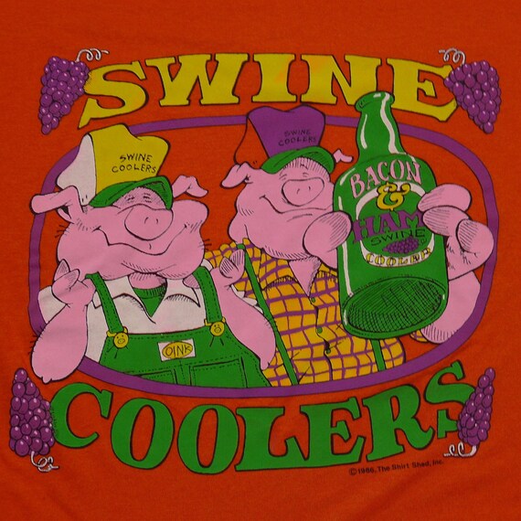 ヴィンテージ 86 SWINE COOLERS オレンジシャツ、豚シャツ、面白い豚T 