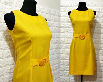 Vintage Dress, 90's Yellow Pencil Cut Dress, Classic Vintage Mini Dress w/ Waist Buckle Accent, Above Knee Length Sleeveless Dress