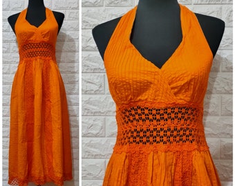 Vintage Crochet Dress, 70's Vintage Orange Halter Boho Dress with Crochet Details, Vtg Boho Bohemian Dress