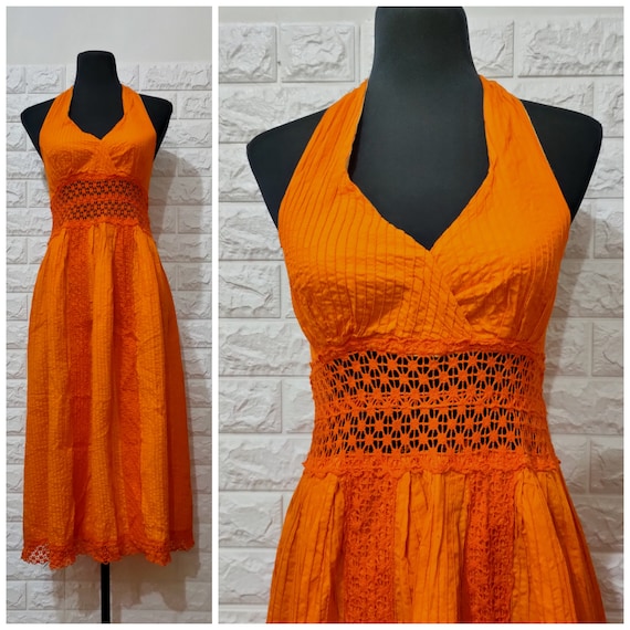 Vintage Crochet Dress, 70's Vintage Orange Halter
