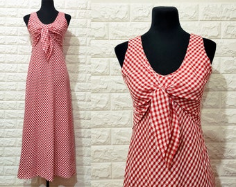 80s Vintage Red and White Checkered Maxi Dress with Front Knot Tie, Pinup Rockabilly Country Western Summer Sleeveless Long Dress