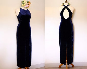 90s Laundry by Shelli Segal Dark Blue Vintage Velvet Long Dress, Minimalist Cocktail Dress, Sleeveless, Crisscross Back