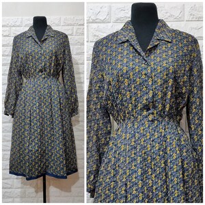 Vintage Dress, 80's Vintage Retro Polka Dot Collared Dress with Long Cuff Sleeves