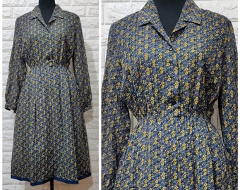 Vintage Dress, 80's Vintage Retro Polka Dot Collared Dress with Long Cuff Sleeves