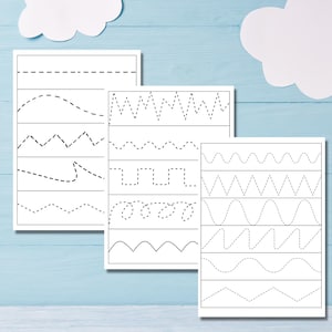 Puede incluir: Tres hojas de papel blanco con varios patrones de líneas punteadas para trazar. Las líneas incluyen diseños rectos, ondulados, en zigzag y curvos. El fondo es azul claro con recortes de nubes blancas.