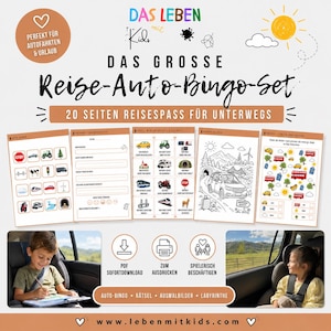 May include: A travel activity set titled DAS GROSSE REISE-AUTO-BINGO-SET featuring 20 pages of bingo, colouring, and puzzles. The set includes printed sheets with car-themed illustrations, icons, and text, shown alongside photos of children in car seats.