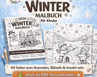 May include: A coloring book titled "Mein Winter Malbuch" for children, featuring winter-themed illustrations. The cover shows a snowman and children sledding. The image includes text in German and colored pencils.
