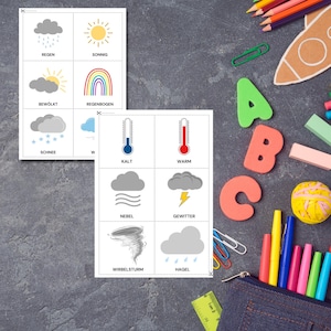 May include: Two educational weather flashcards with illustrations and German words. One card shows rain, sun, clouds, rainbow, and snow. The other card shows cold, warm, fog, thunderstorm, tornado, and hail. Colorful school supplies surround the cards.