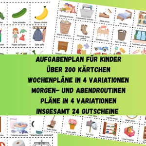 May include: A children's chore chart with illustrated tasks such as "tidy toys," "make bed," and "prepare breakfast." The chart includes German text: "Aufgabenplan für Kinder" and "Über 200 Kärtchen."
