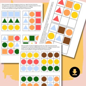 Könnte beinhalten: Lehrreiche Arbeitsblätter mit bunten geometrischen Formen und dem Text "Bitte schneiden Sie jede Vorlagekarte einzeln aus." Die Blätter zeigen Dreiecke, Quadrate und Kreise in verschiedenen Farben, die zum Zuordnen und Erkennen von Mustern dienen.