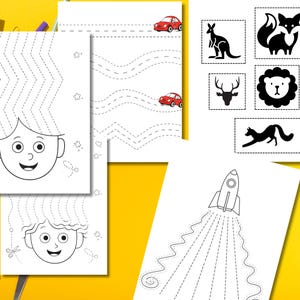 Könnte beinhalten: Eine Sammlung von schwarz-weißen Arbeitsblättern für Kinder. Die Blätter enthalten Linienverfolgungsübungen mit Bildern eines Gesichts, Autos, einer Rakete und verschiedenen Tieren, darunter ein Känguru, ein Fuchs, ein Hirsch und ein Löwe.