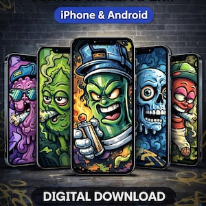 May include: Five smartphones displaying cartoon street art phone wallpapers. The designs include colorful, stylized characters and the text "CARTOON STREET ART PHONE WALLPAPERS" and "iPhone & Android". The words "DIGITAL DOWNLOAD" are also visible.