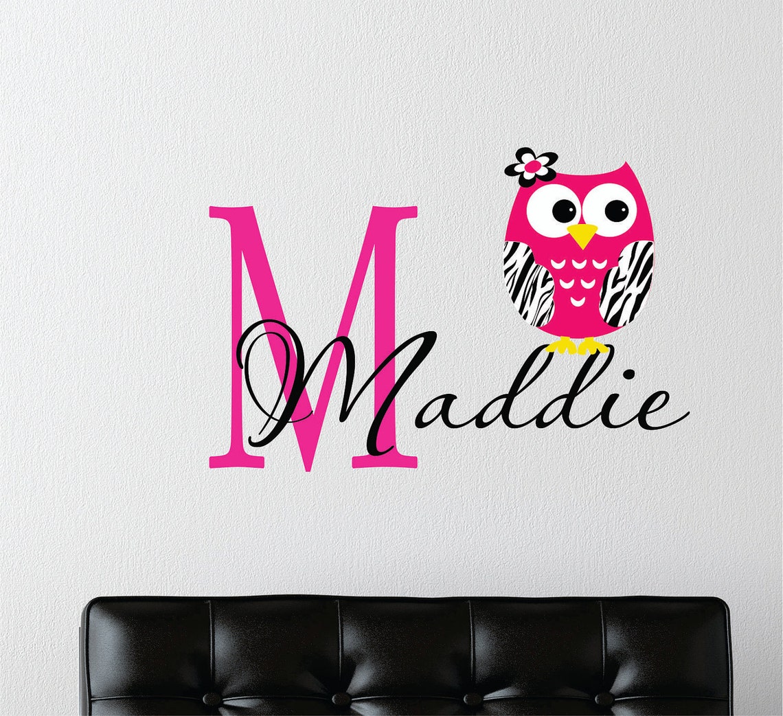 Zebra Print Owl Wall Decal Custom Name Owl Nursery Decor Etsy
