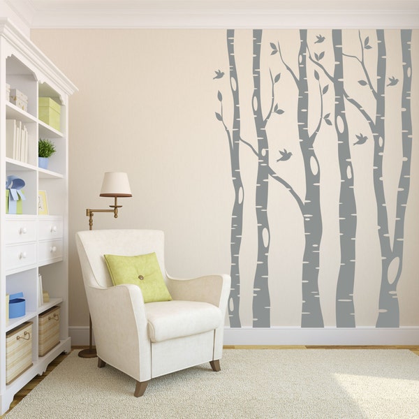 Tree Wall Decals - Birch Tree Decals, Living Room Decor, Bird Decals, Large Tree Decals, Tree Decor, Tree with Birds