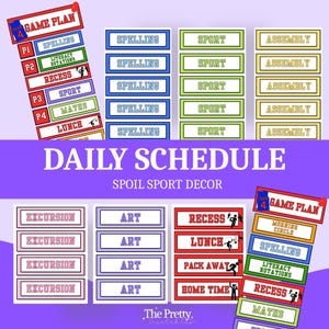 May include: A collection of colorful classroom schedule cards with text like "Spelling," "Sport," and "Assembly." The cards are arranged on a purple background, with the words "Daily Schedule" prominently displayed. The theme is educational.