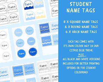 Etiquetas para nombre de estudiante en azul cítrico dulce / Decoración para aula / Canva editable / Descarga instantánea
