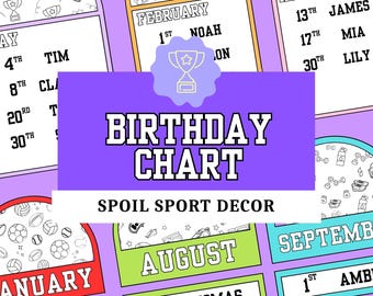 Cuadro de cumpleaños deportivo para el aula / Editable / Decoración del aula / Regreso a clases