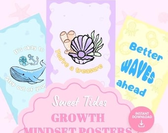 Pósteres para el aula con temática de crecimiento y mareas dulces / Afirmaciones con temática oceánica / Decoración de aula en tonos pastel