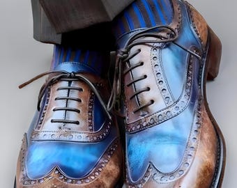 Zapatos brogue de cuero con puntera de ala bicolor hechos a mano: Zapatos de vestir Oxford de cuero
