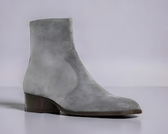 Handgefertigte Graue Wildleder Ankle Boots: Herren Reißverschluss Dress Boots