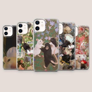 May include: A collection of five clear phone cases, each featuring unique illustrations of rats. The designs include rats with drinks, dancing, and holding food. The cases are designed to fit a smartphone.
