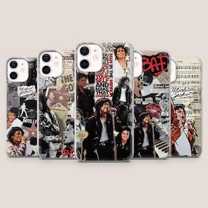 May include: Five clear phone cases displaying collages of Michael Jackson imagery. Each case has a unique design, incorporating photos, text, and graphics related to his music and career. The cases are designed to fit a smartphone.