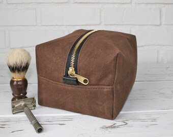 Mini Monogrammed Waxed Canvas Dopp Kit for Groomsman as a Personalized Toiletry Bag Shave Kit